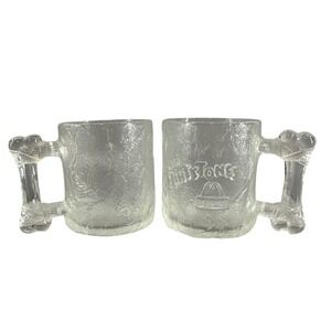 Vintage McDonalds Flintstones Mugs 1993 Clear Glass Bone Handle Set of 2